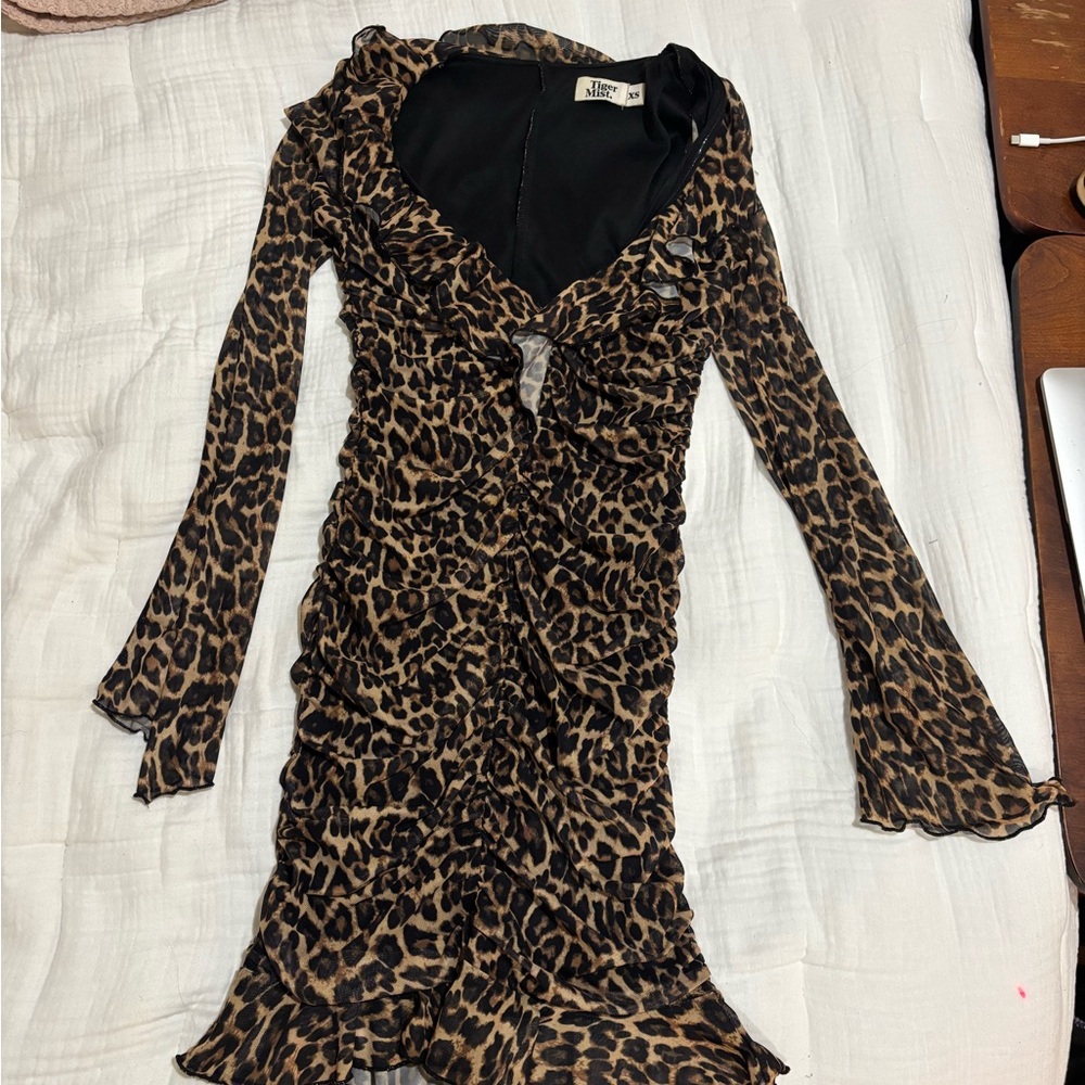 [SOLD] Tiger Mist XS Leopard Ruched Ruffled Lined Mini Dress
